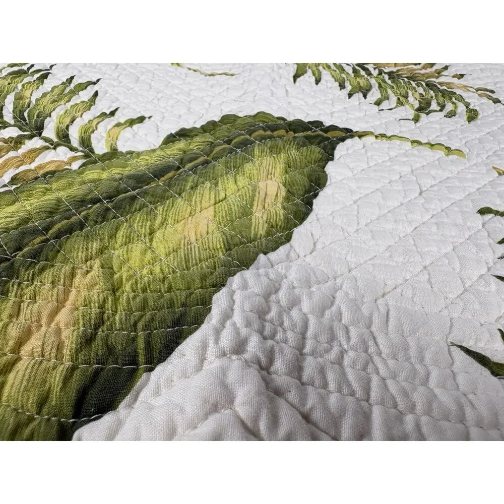 Tropical Leaf and Striped Reversible Quilted Table Runner Scalloped Edge 14x 53